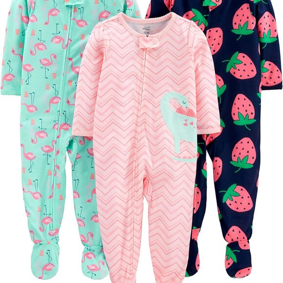 3-Pack Baby Girl's Loose Fit Footed Pajamas - Vibrant Dinosaur, Flamingo Prints - Picture 1 of 6